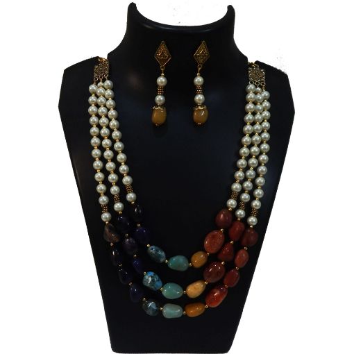 Tumble Stone Beads & Synthetic pearl Necklace